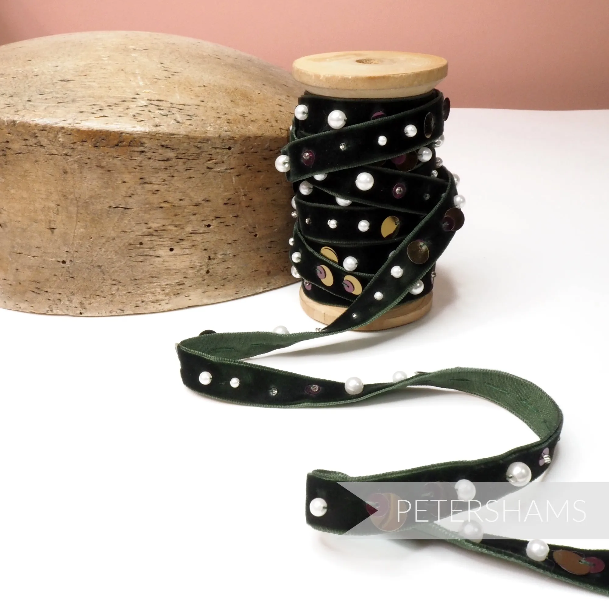 13mm Layered Sequins, Bead & Pearl Adorned Velvet Ribbon - 1m