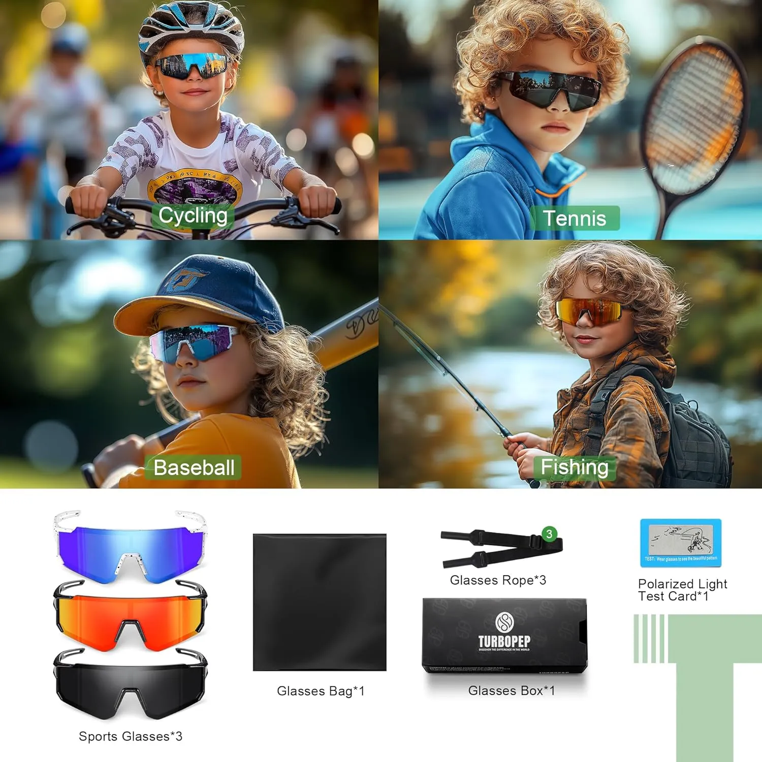 3 Pack Kids Polarized Sunglasses - Youth Baseball Sunglasses for Boys Girls Age 3-12 Sports UV Protection Goggles
