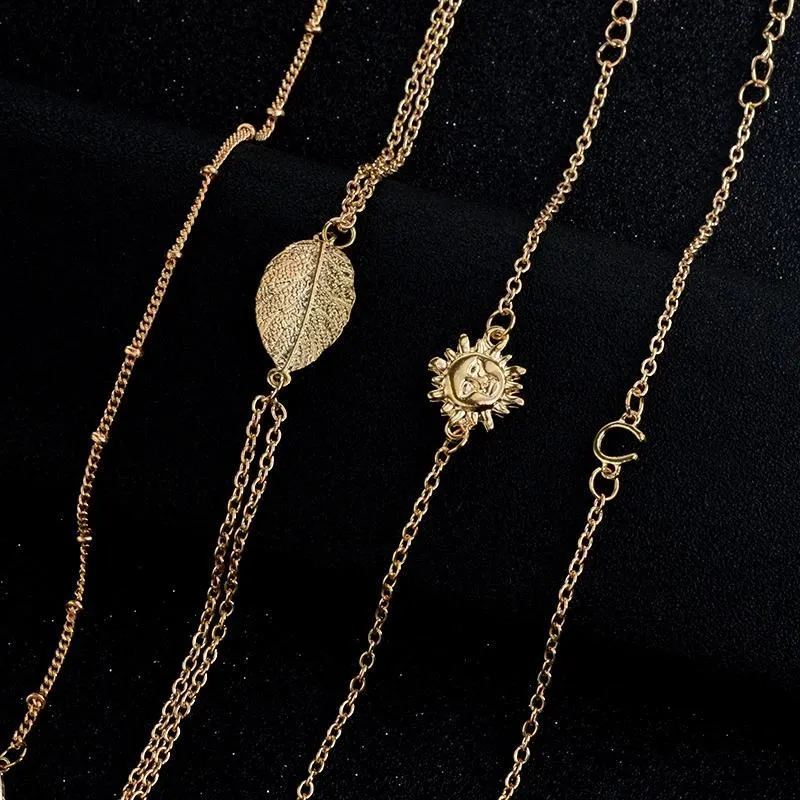 4 pcs/set Tibetan jewelry boho style gold color chain leaf sunflower pattern bracelets set for party