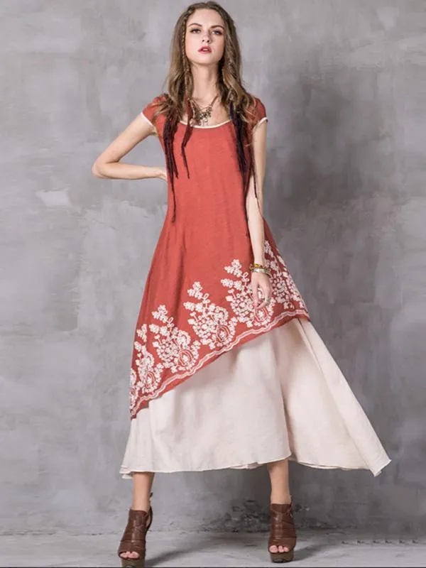 Asymmetric Embroidered Maxi Dress