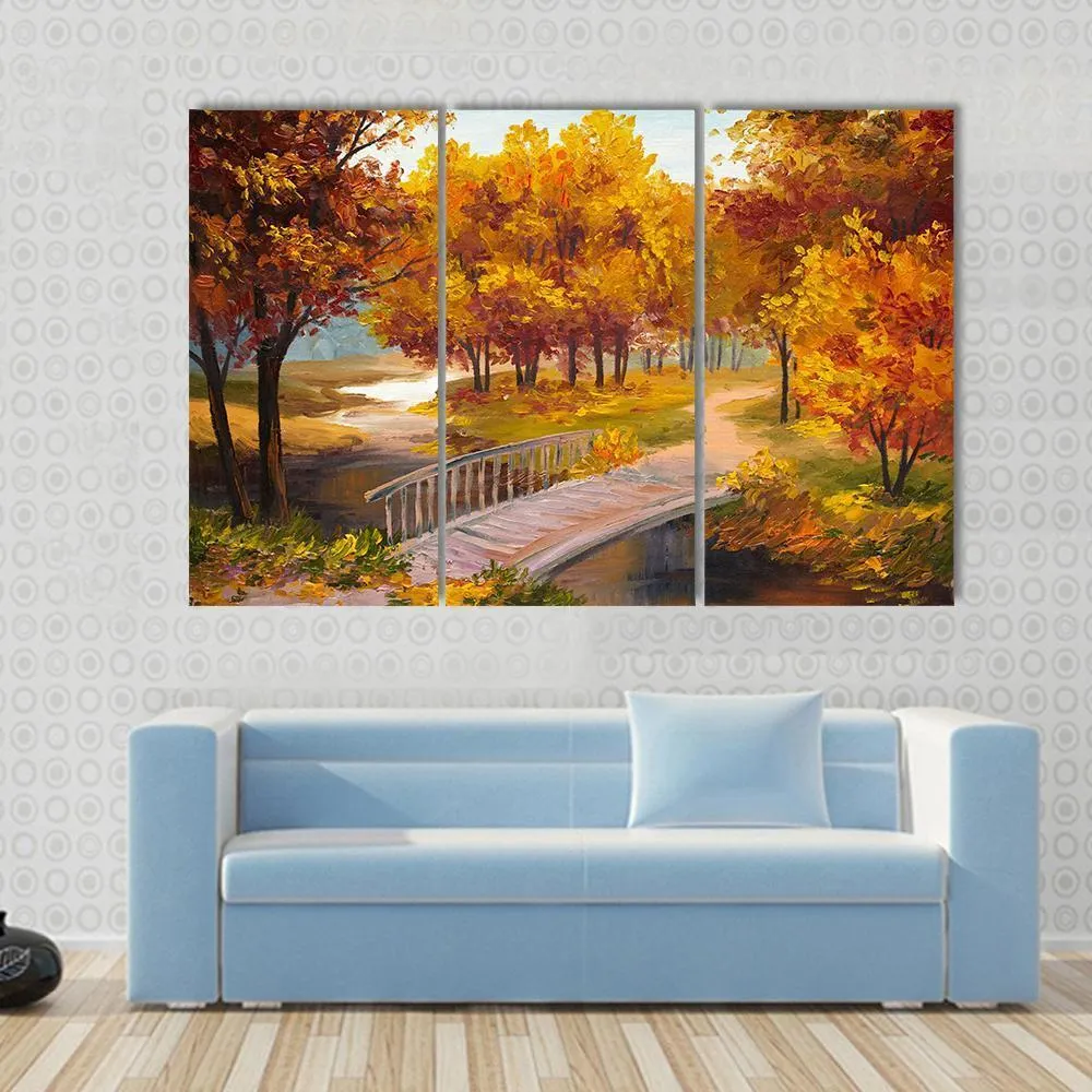 Autumn Forest & Bridge Canvas Wall Art