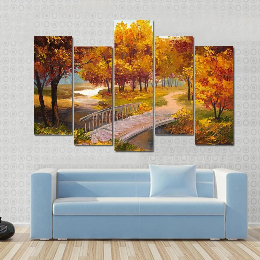 Autumn Forest & Bridge Canvas Wall Art