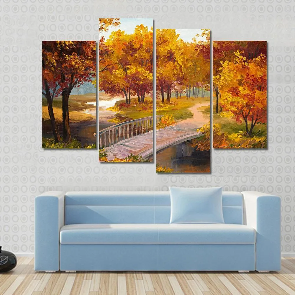 Autumn Forest & Bridge Canvas Wall Art