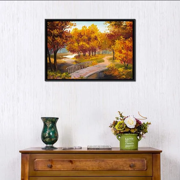 Autumn Forest & Bridge Canvas Wall Art