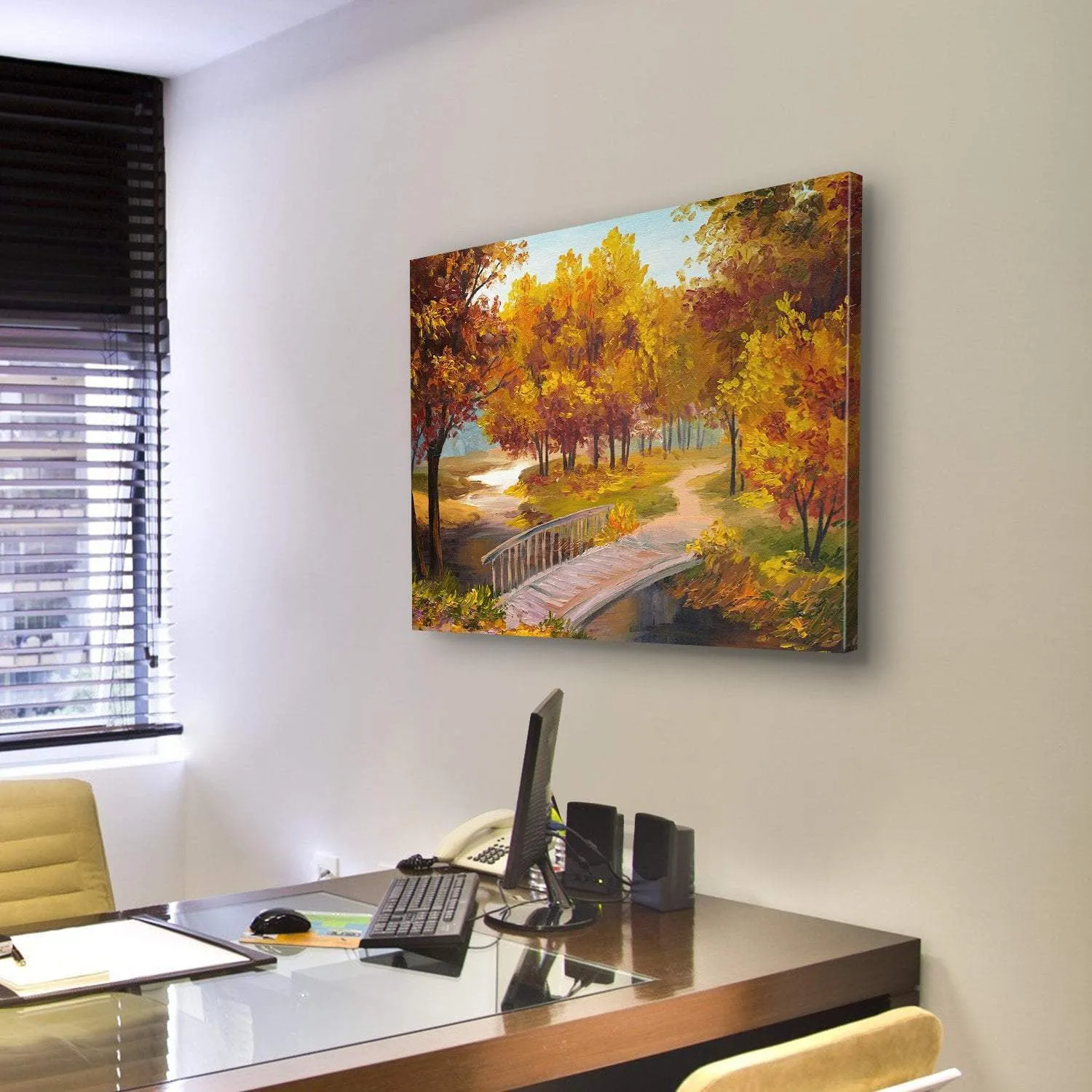 Autumn Forest & Bridge Canvas Wall Art
