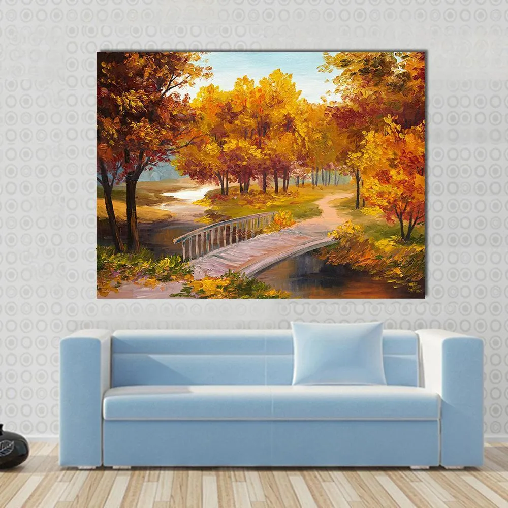 Autumn Forest & Bridge Canvas Wall Art