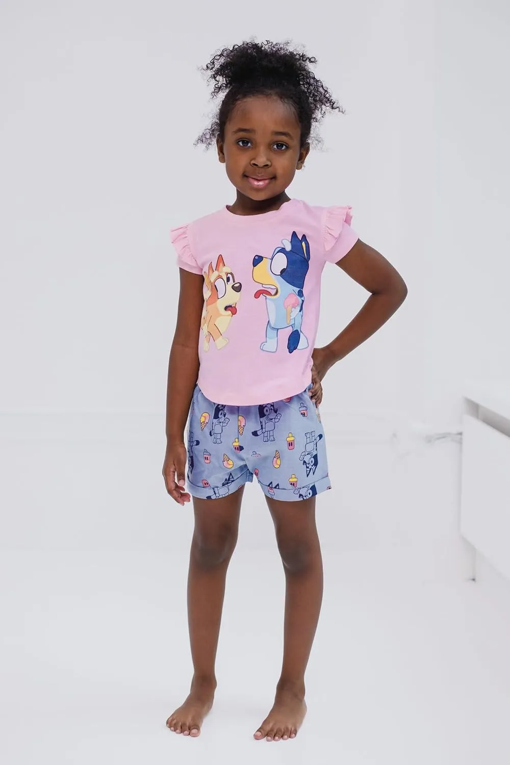 Bluey Girls T-Shirt and Chambray Shorts Outfit Set Toddler to Little Kid Sizes (2T - 7-8)