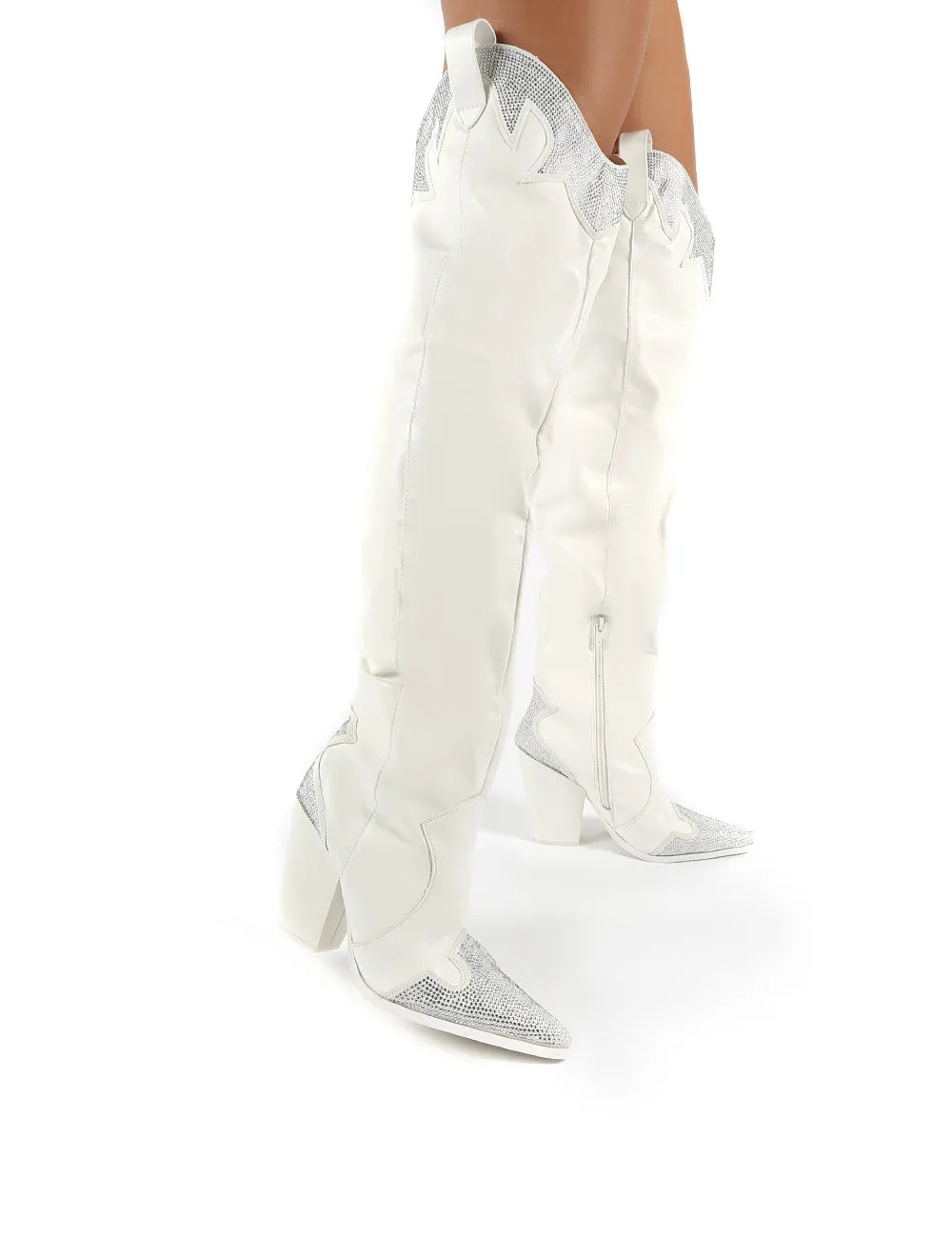 Brandy White Diamante Western Block Heeled Knee High Boots