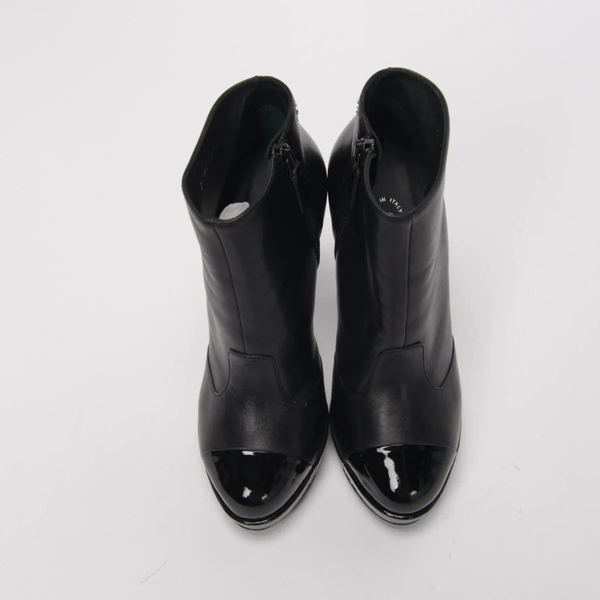 Chanel Black Lambskin Patent Cap Toe Boots 36