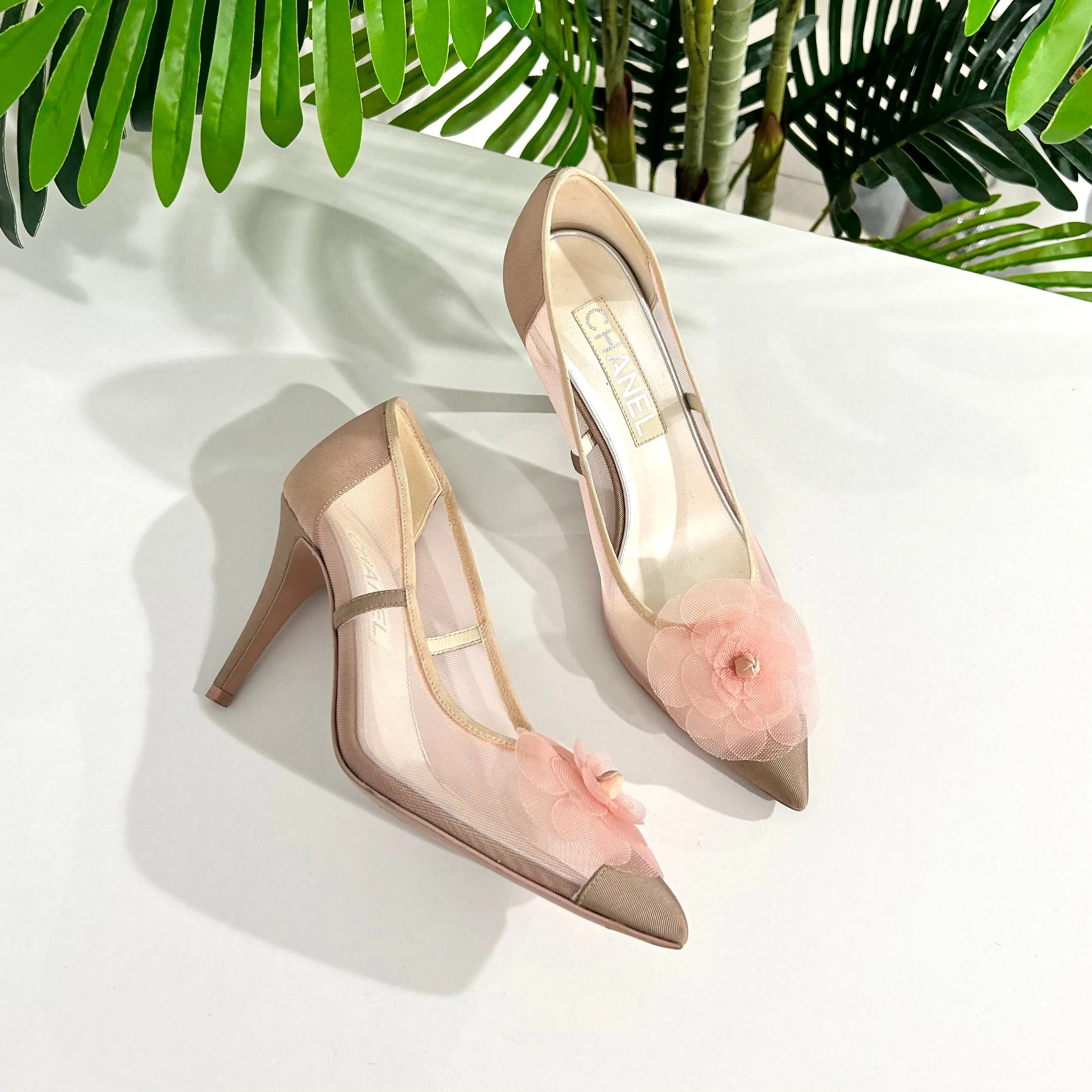 Chanel Pink Mesh Camellia Heels