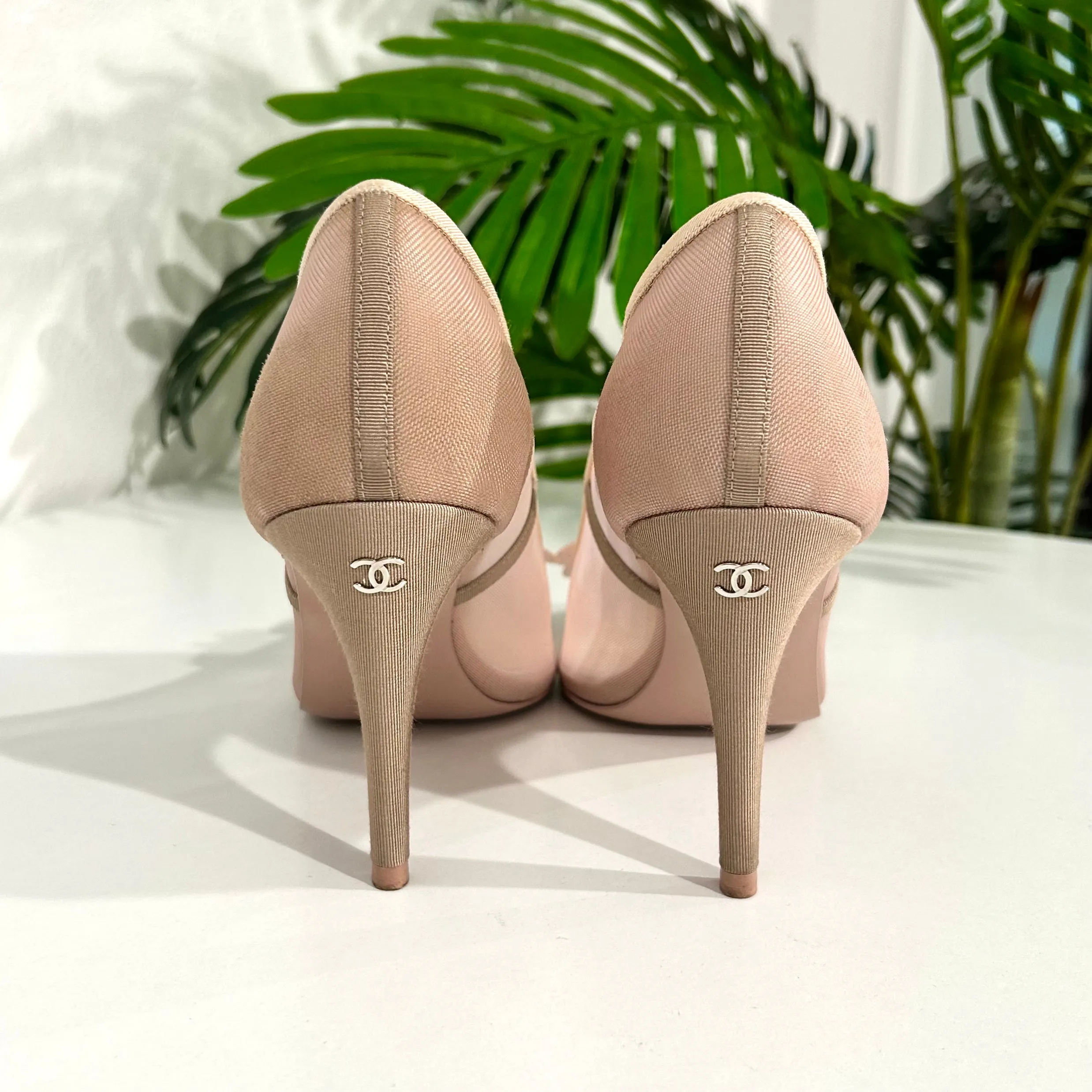 Chanel Pink Mesh Camellia Heels