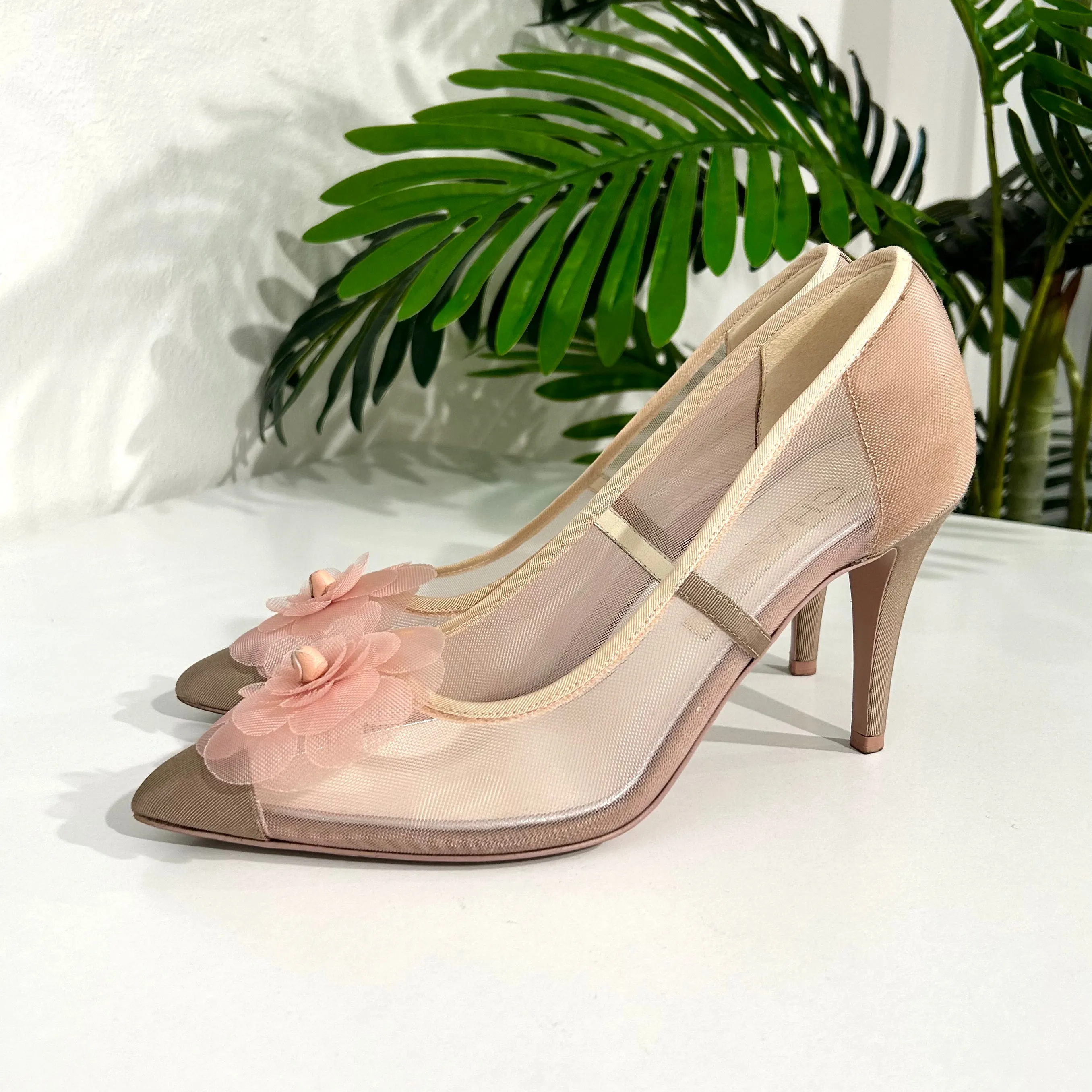 Chanel Pink Mesh Camellia Heels
