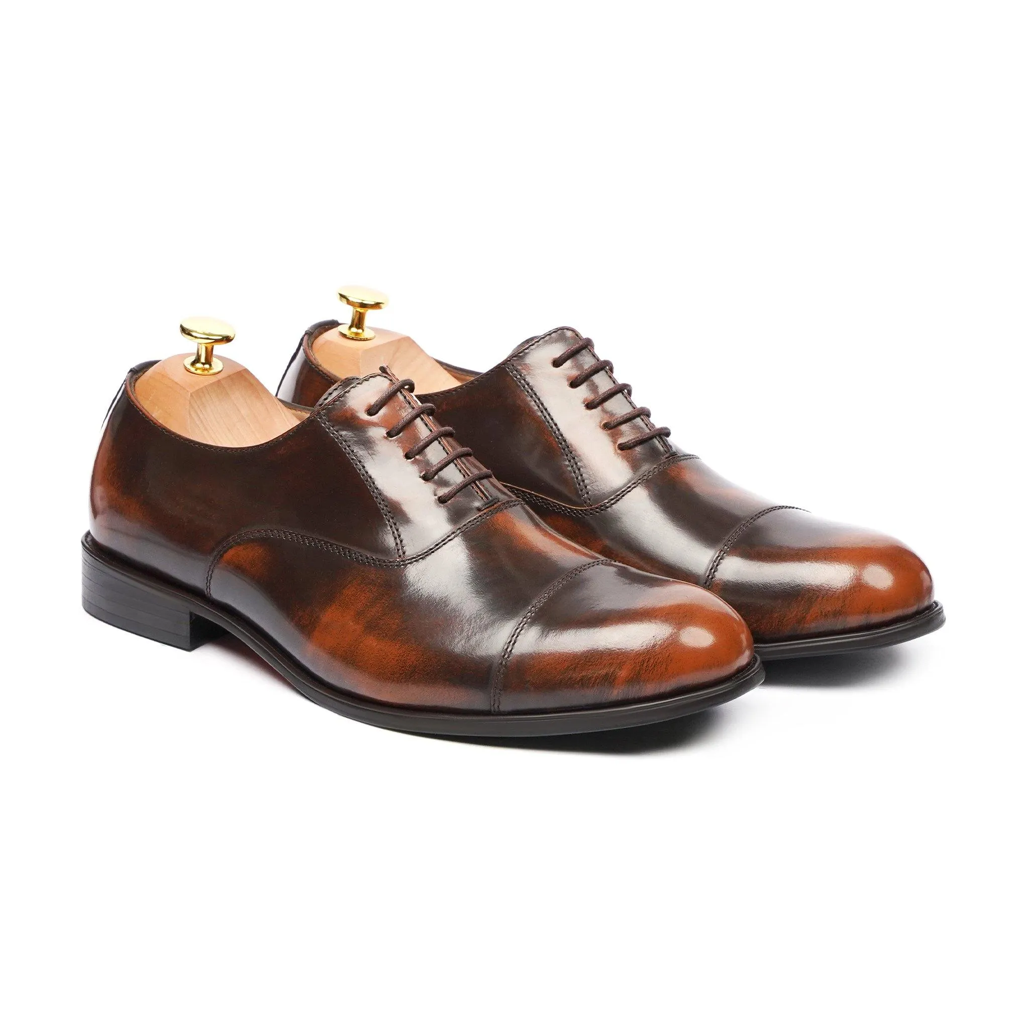Dago - Men's Burnished Tan Brown Box Leather High Shine Oxford Shoe
