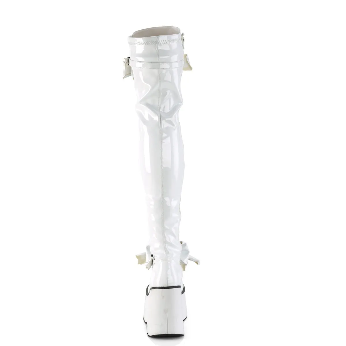 Demonia KERA-303 | White Stretch Patent Leather Above Knee Boots