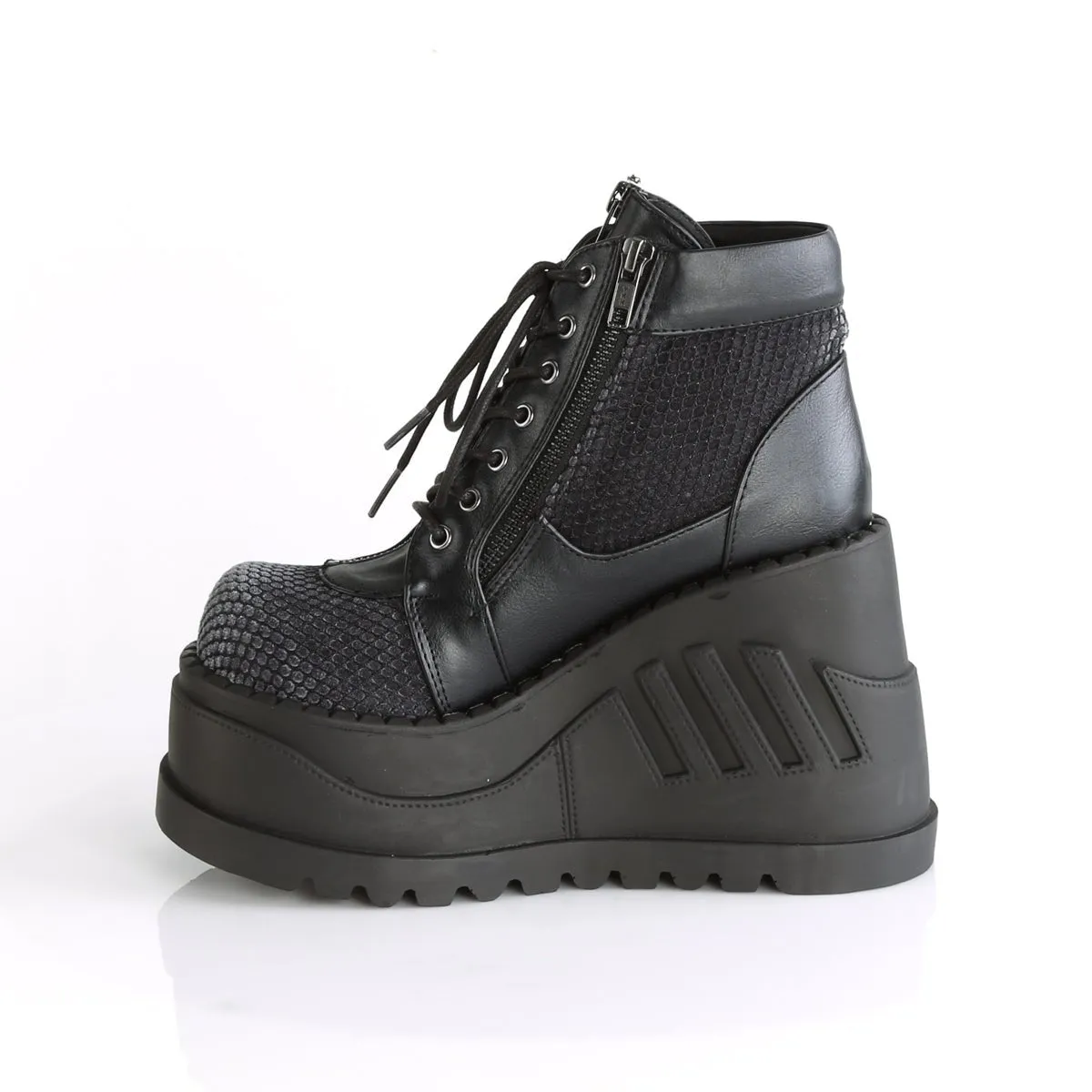 Demonia STOMP-18 | Black & Grey V. Leather & Velvet Ankle Boots