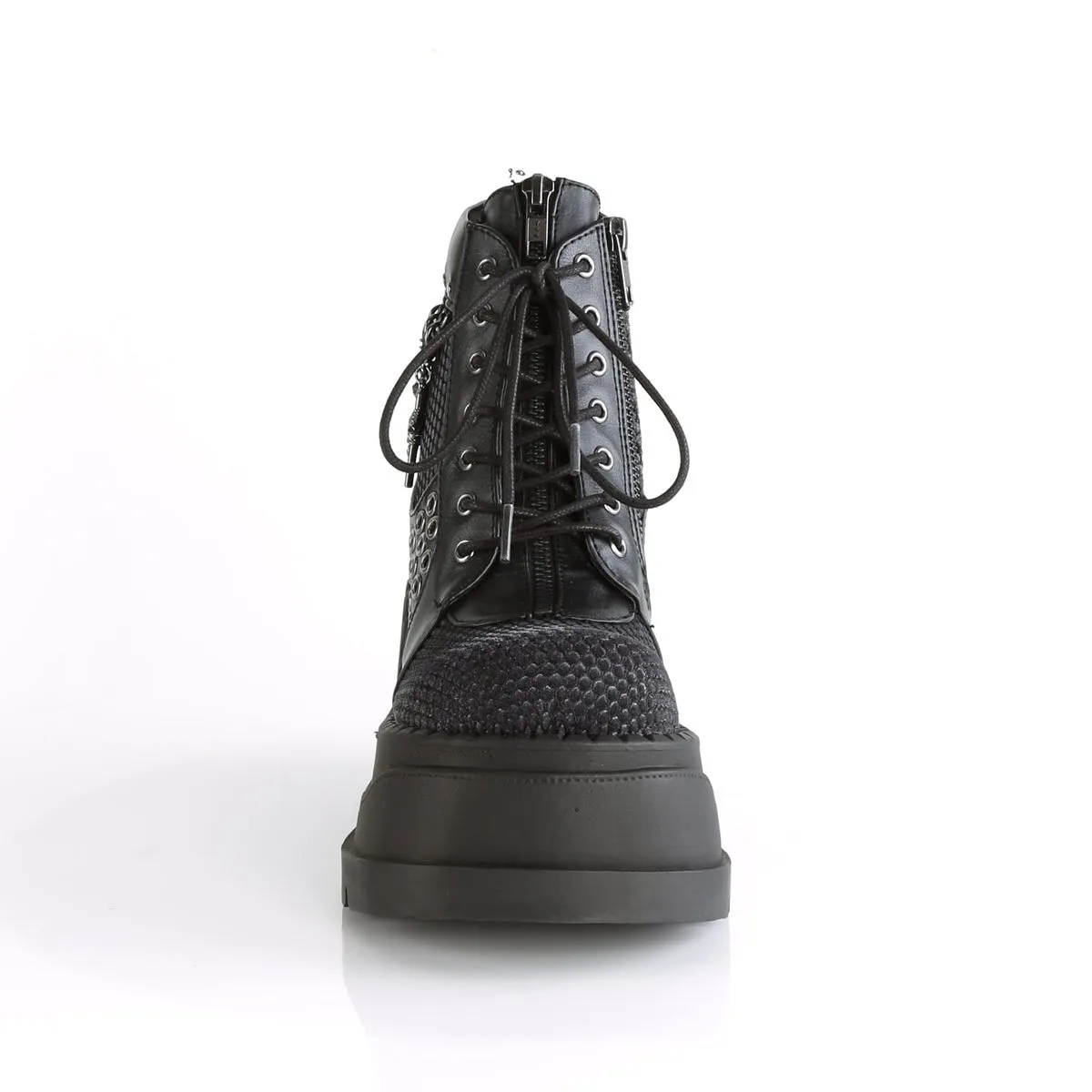 Demonia STOMP-18 | Black & Grey V. Leather & Velvet Ankle Boots