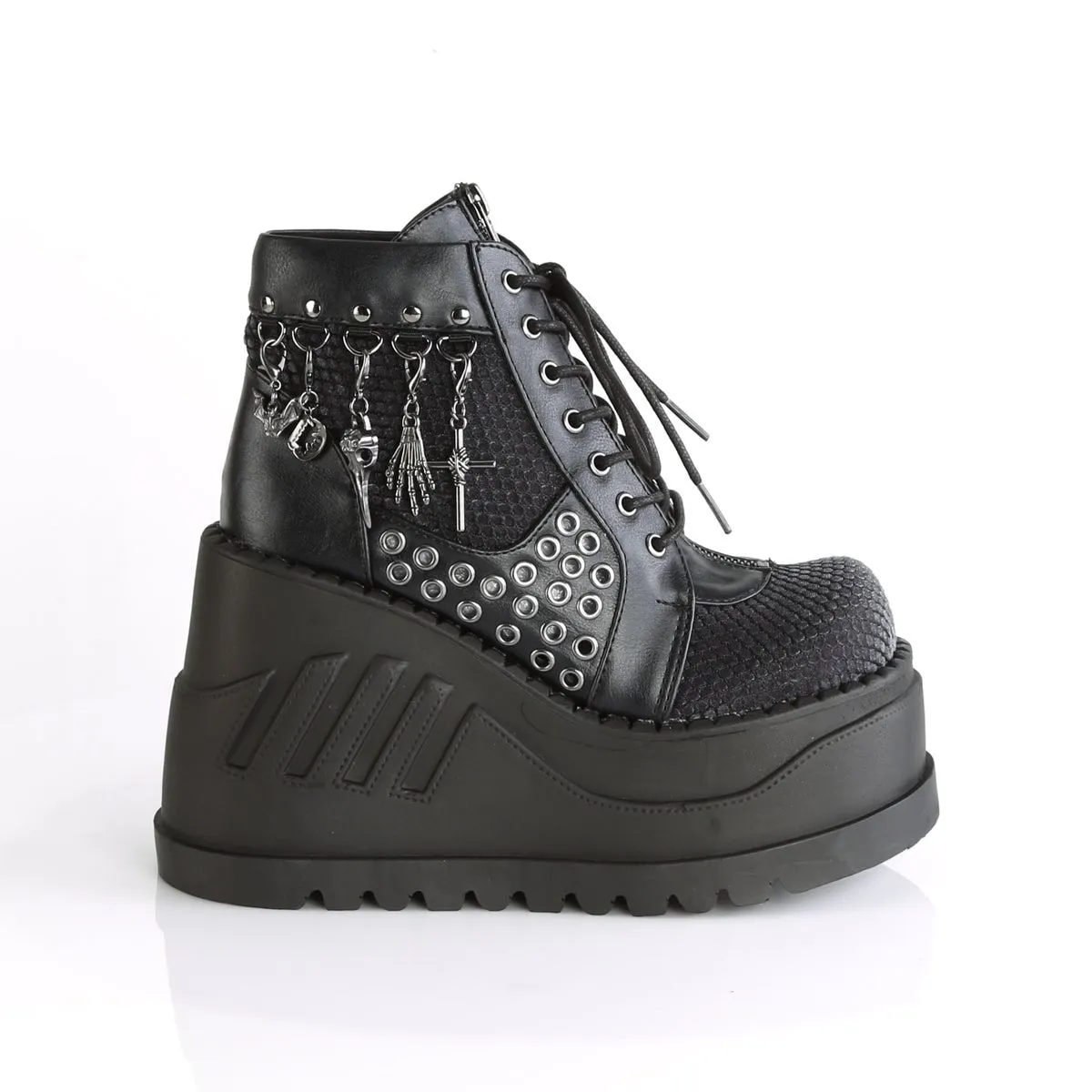 Demonia STOMP-18 | Black & Grey V. Leather & Velvet Ankle Boots