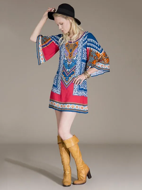 Flared Sleeves Round-neck Bohemia Mini Dresses