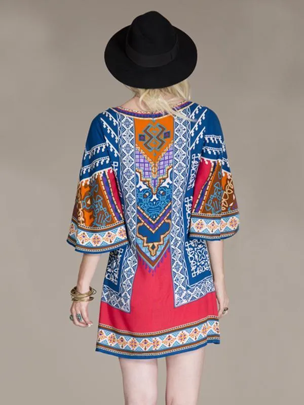 Flared Sleeves Round-neck Bohemia Mini Dresses