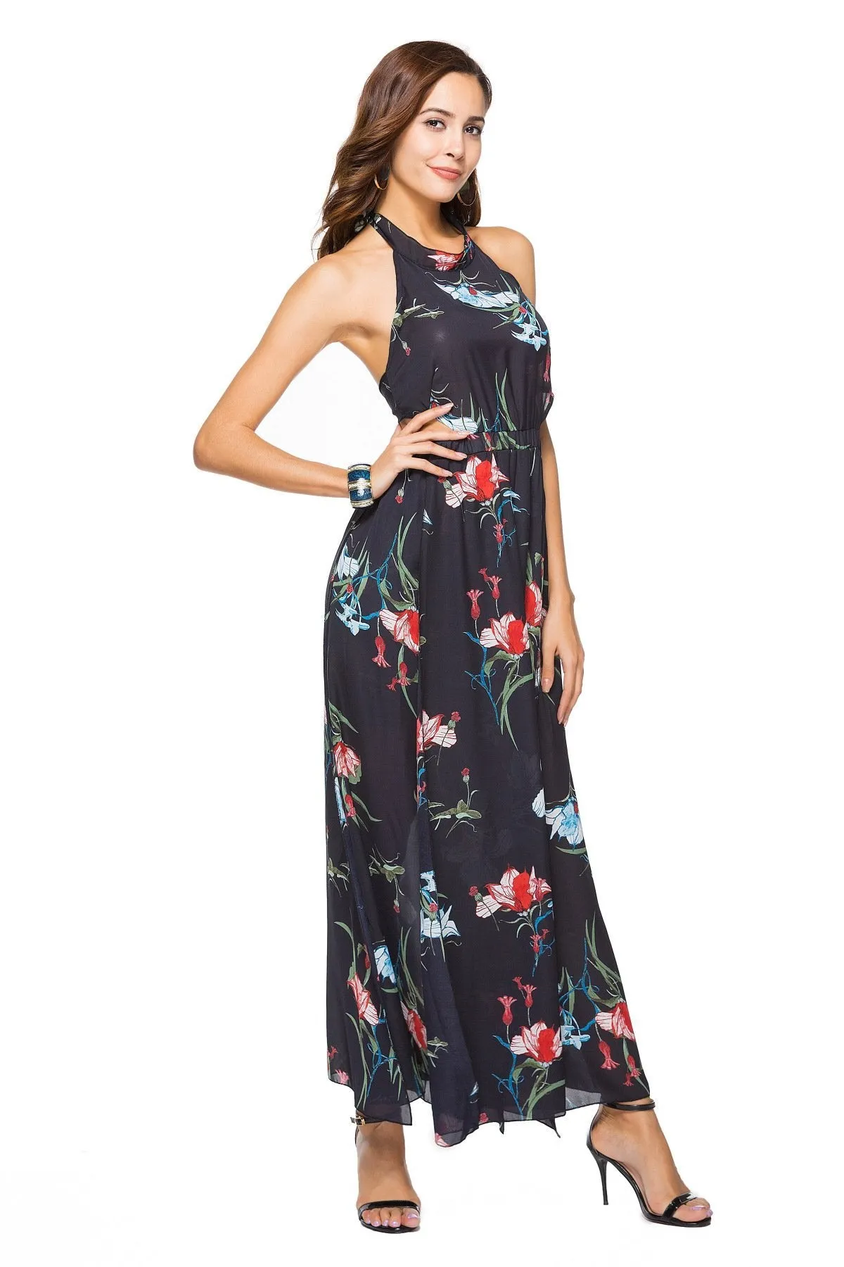 Floral Print Sleeveless Chiffon Beach Maxi Dress