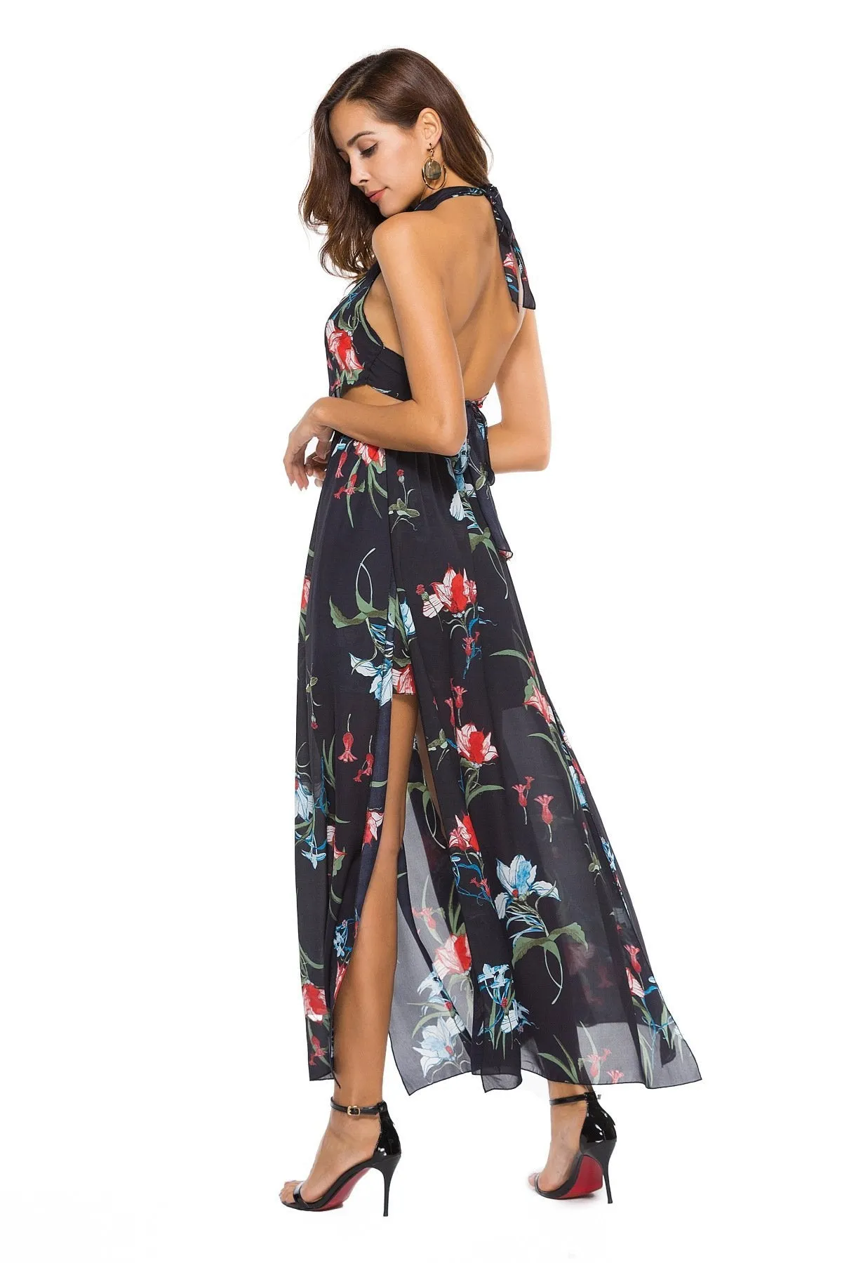 Floral Print Sleeveless Chiffon Beach Maxi Dress