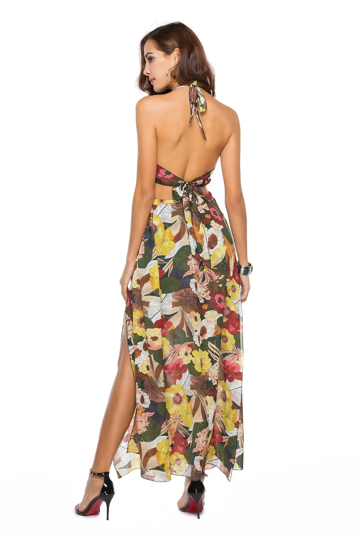 Floral Print Sleeveless Chiffon Beach Maxi Dress