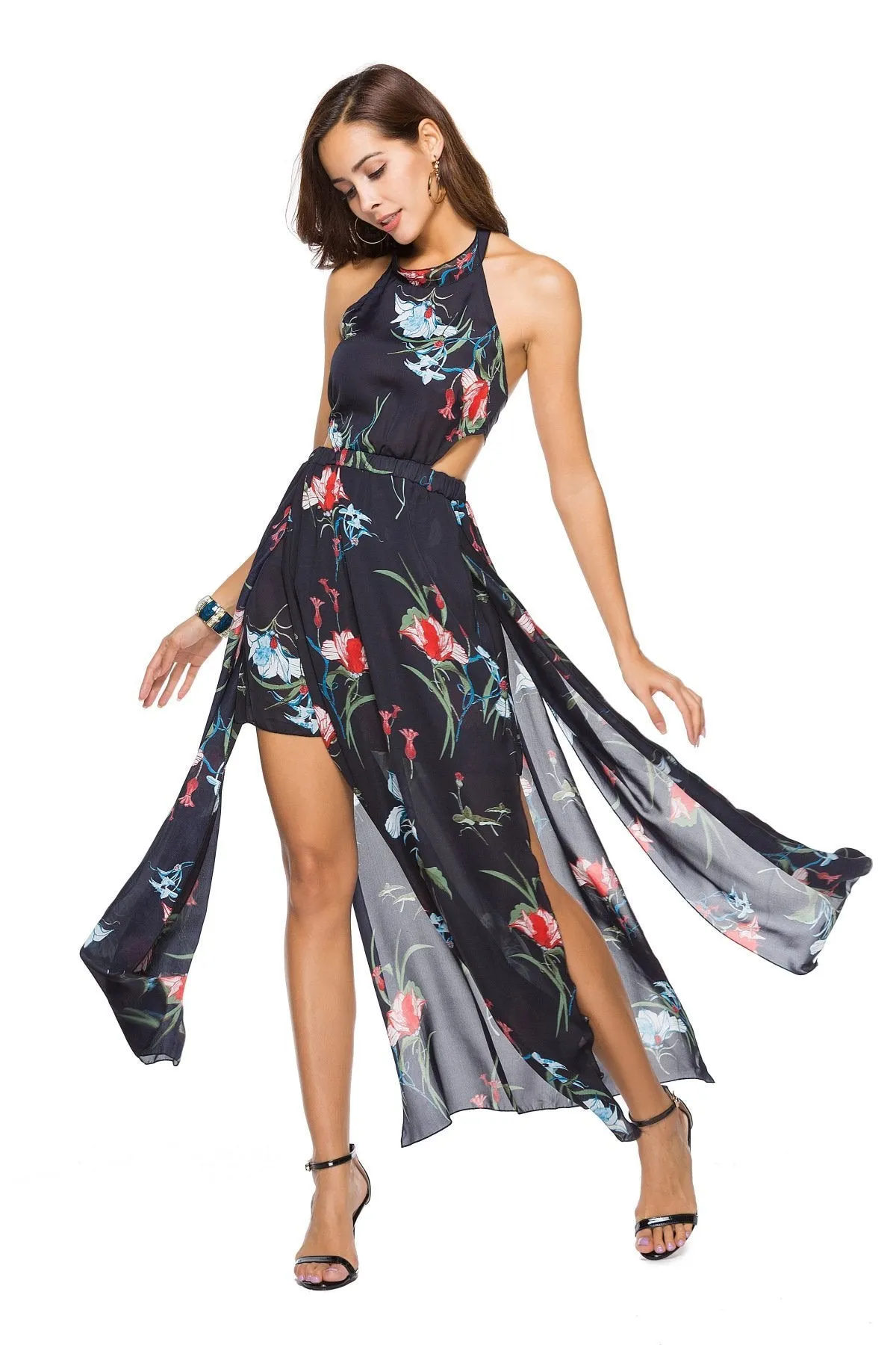 Floral Print Sleeveless Chiffon Beach Maxi Dress