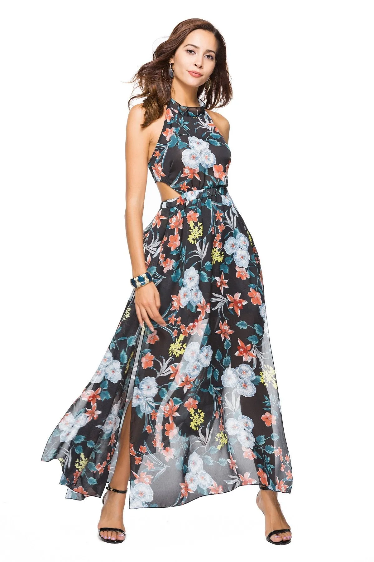 Floral Print Sleeveless Chiffon Beach Maxi Dress