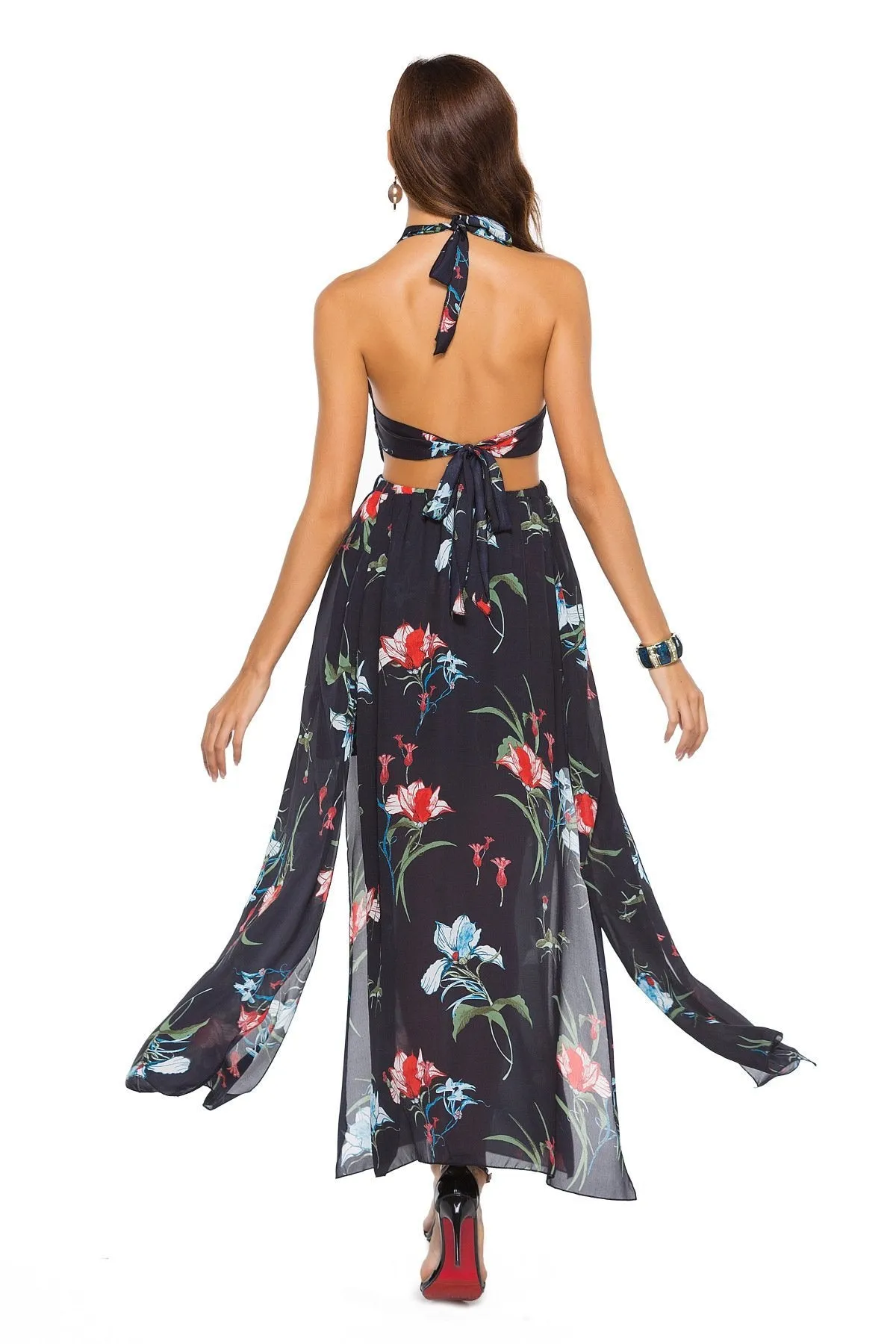 Floral Print Sleeveless Chiffon Beach Maxi Dress