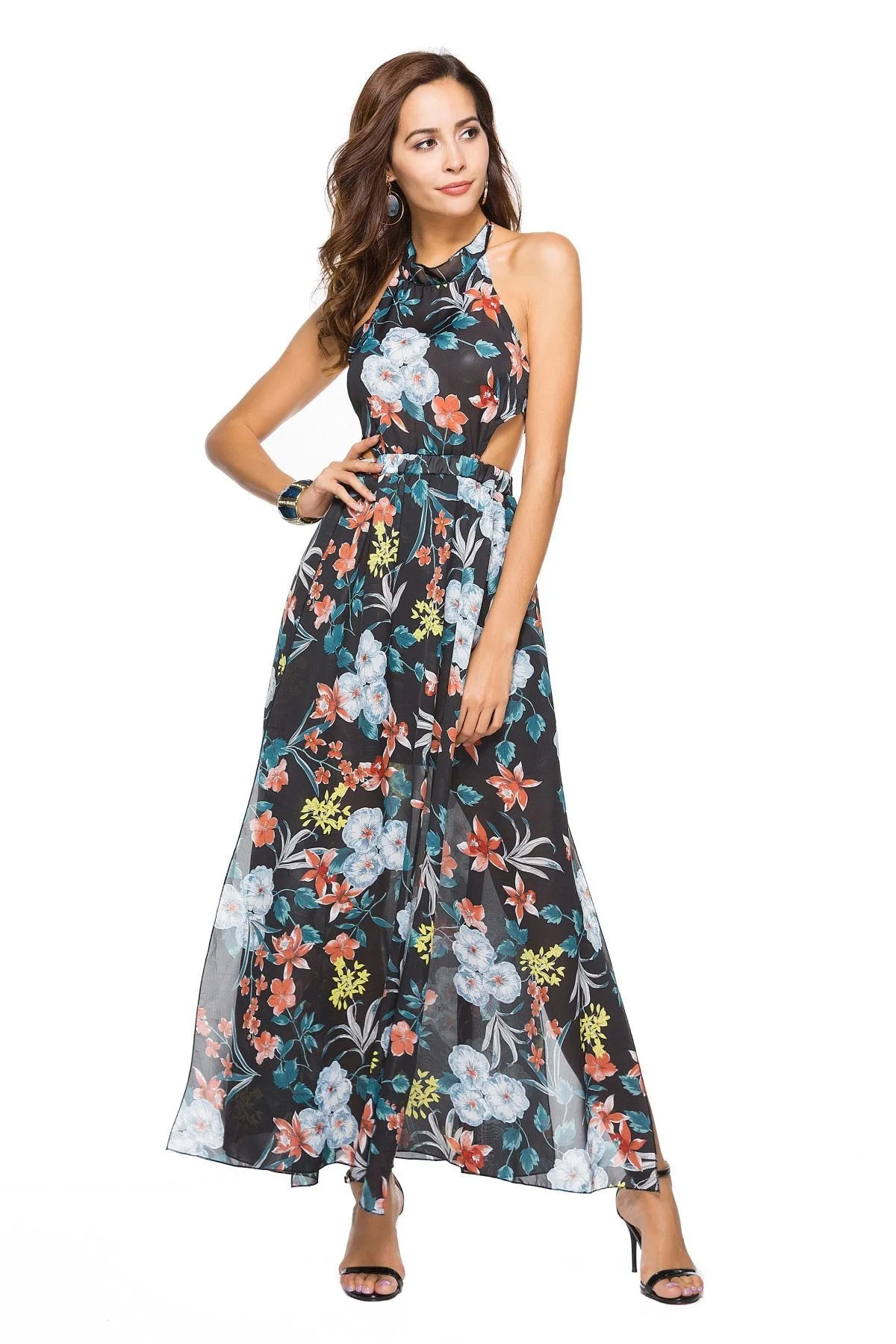 Floral Print Sleeveless Chiffon Beach Maxi Dress