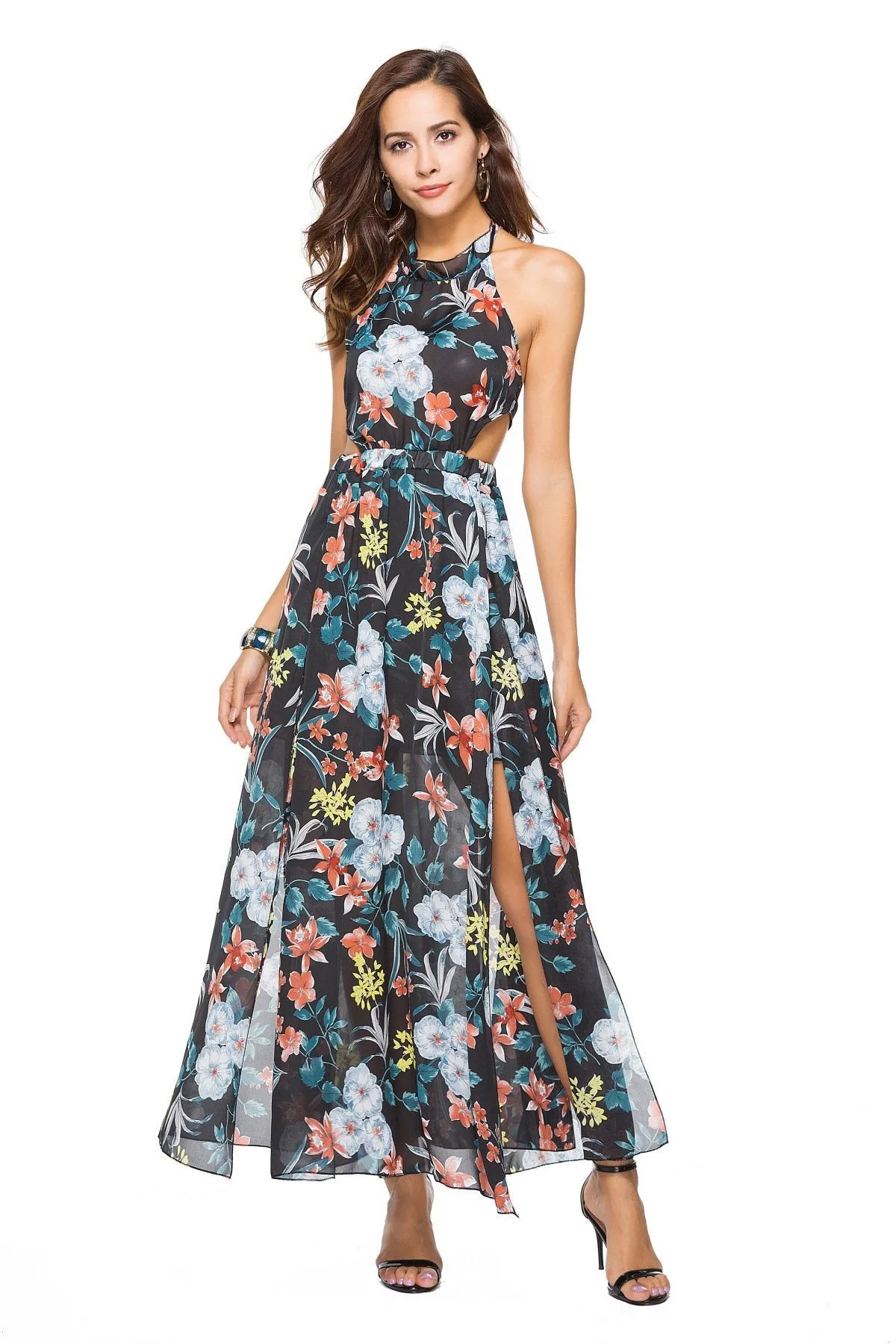 Floral Print Sleeveless Chiffon Beach Maxi Dress