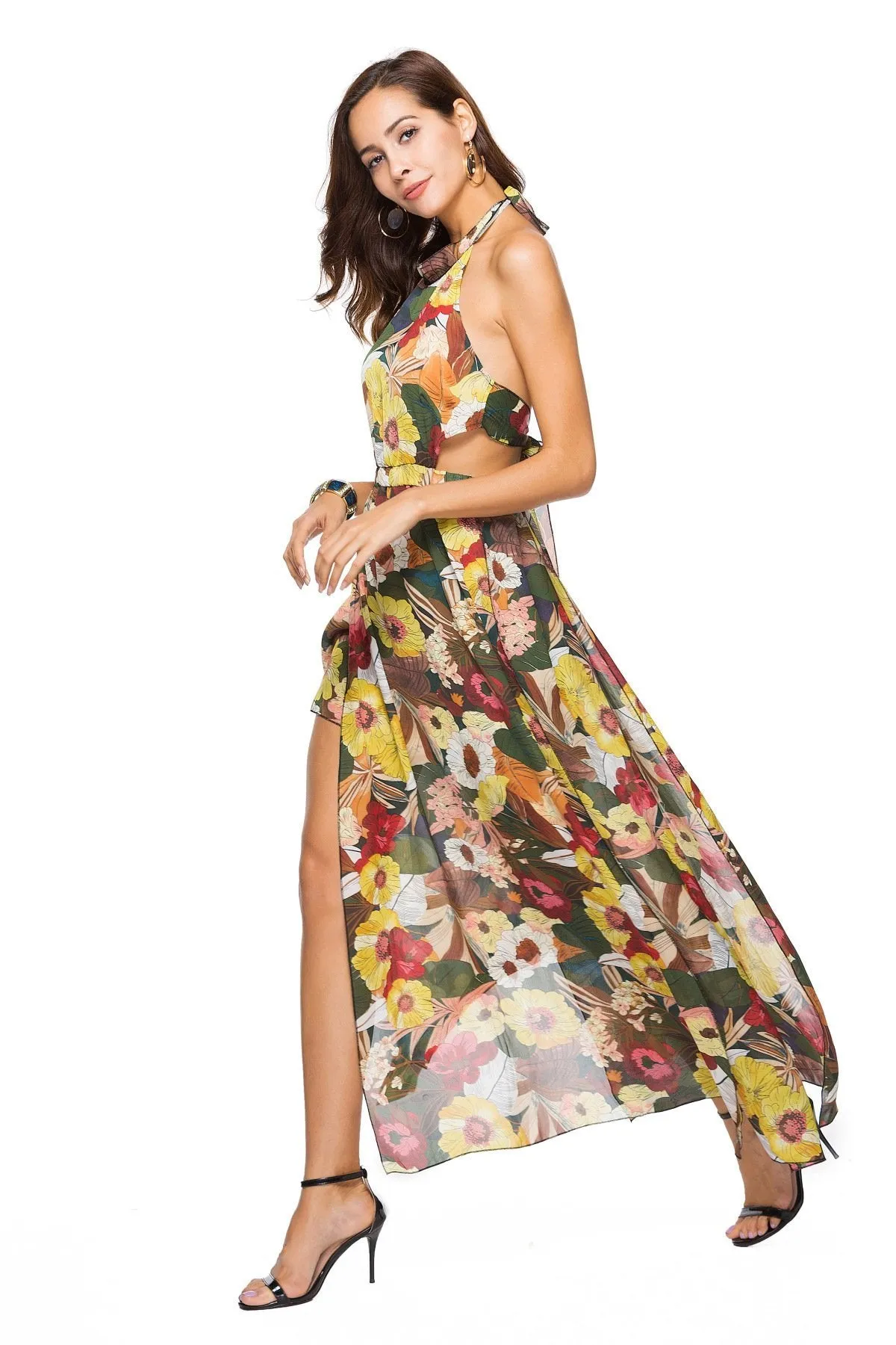 Floral Print Sleeveless Chiffon Beach Maxi Dress