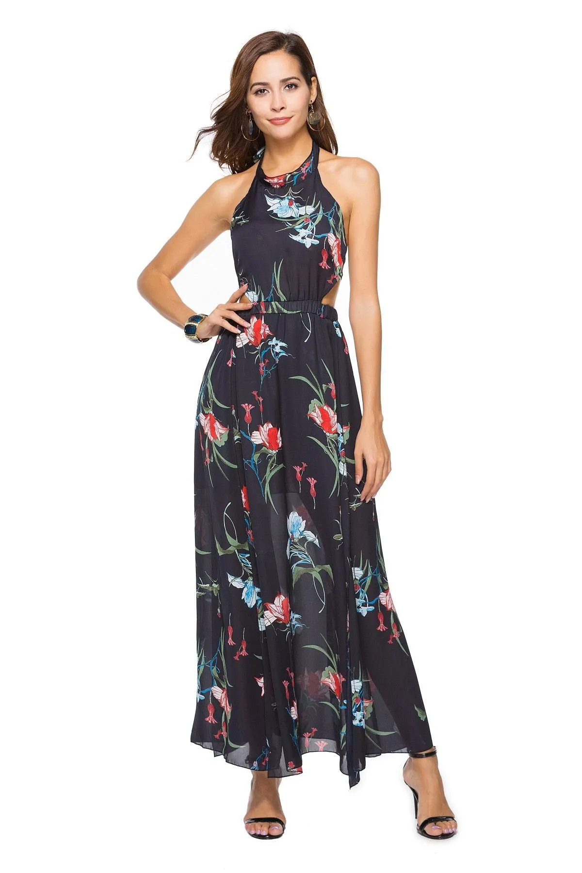 Floral Print Sleeveless Chiffon Beach Maxi Dress