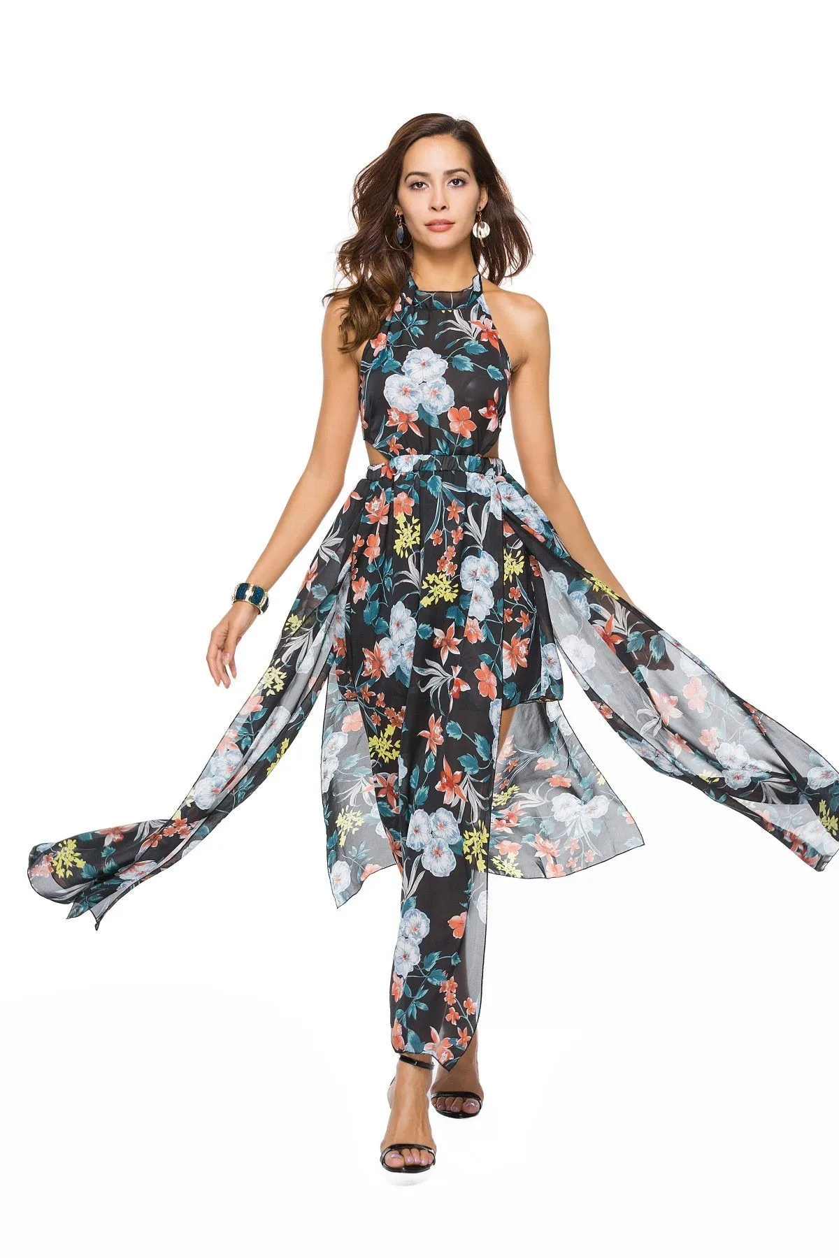 Floral Print Sleeveless Chiffon Beach Maxi Dress