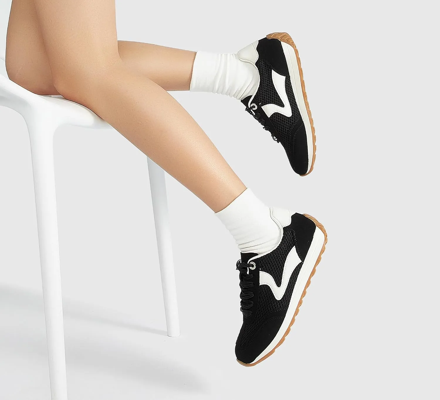 LUCKY STEP Women's Fashion Casual Running Trainer Ballet Gum Rubber Sole Organza Lace Up Walking Shoes Platform Retro Sneakers