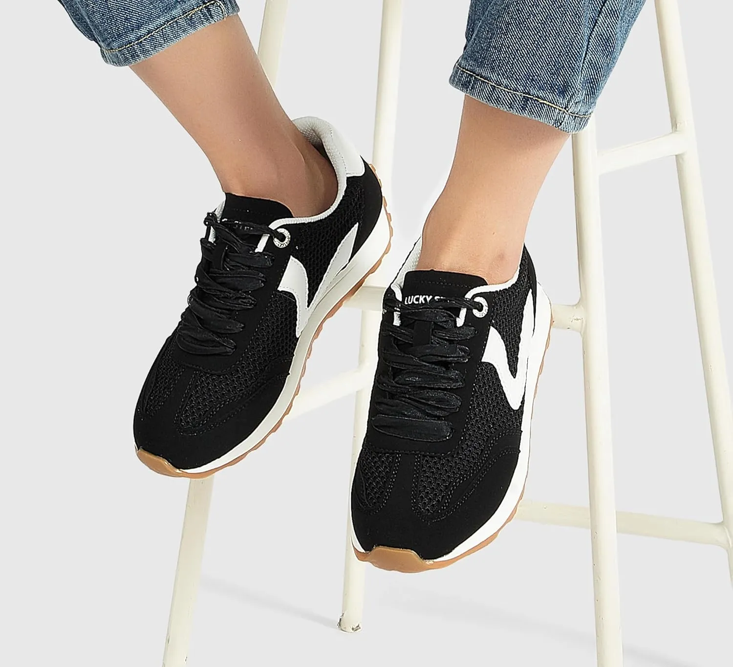 LUCKY STEP Women's Fashion Casual Running Trainer Ballet Gum Rubber Sole Organza Lace Up Walking Shoes Platform Retro Sneakers