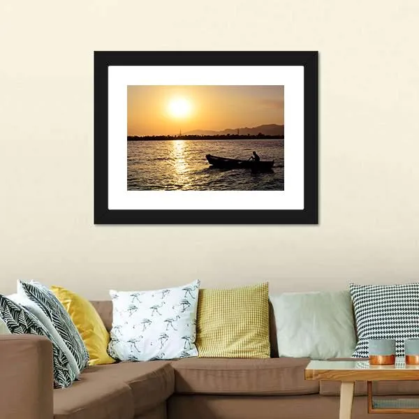 Man Boating On Lake Canvas Wall Art