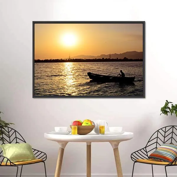 Man Boating On Lake Canvas Wall Art