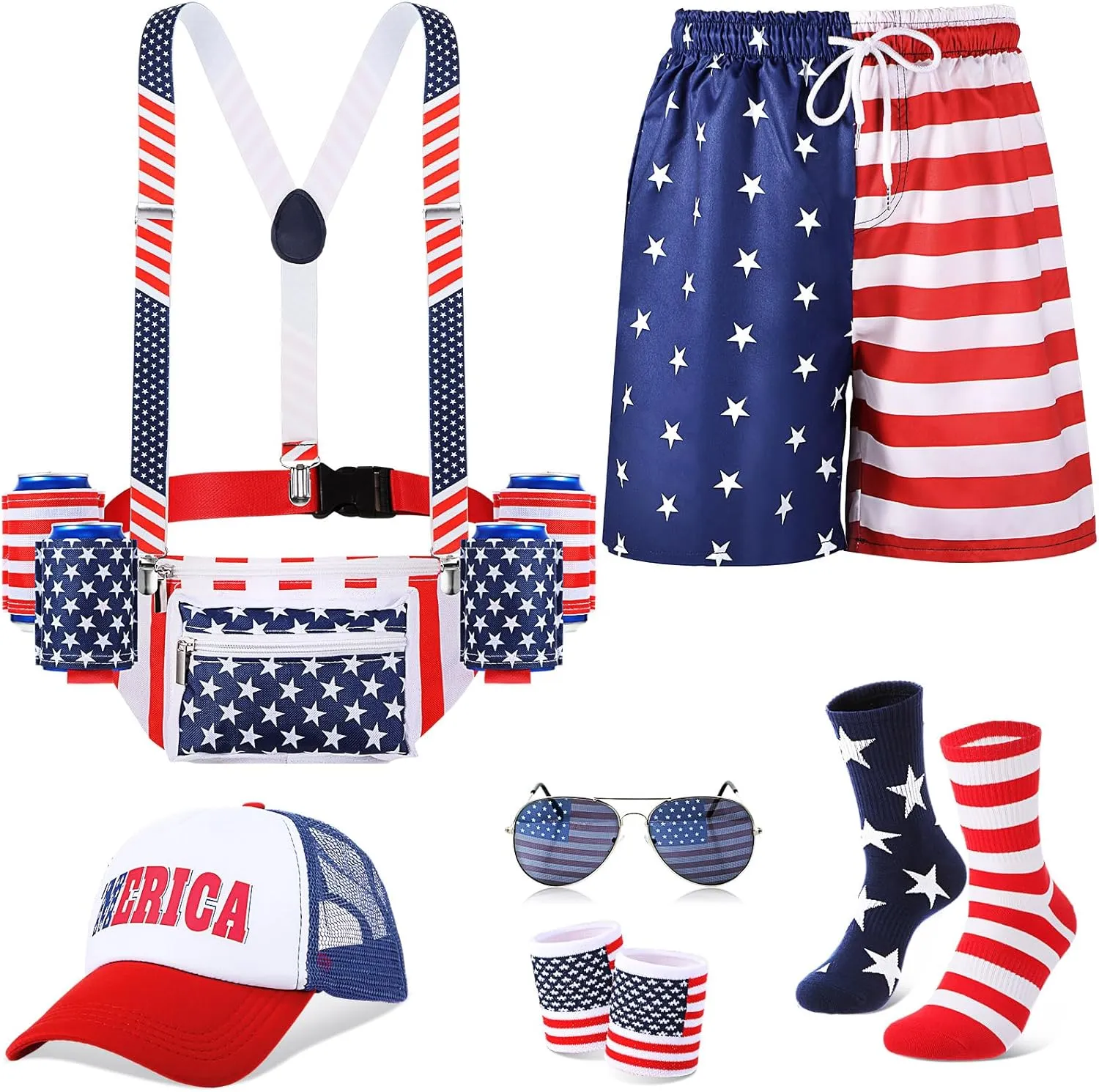 Mepase Men's American 4th of July Outfits Patriotic Fanny Pack Beer Belt USA Flag Pants for July 4th Accessories for Man