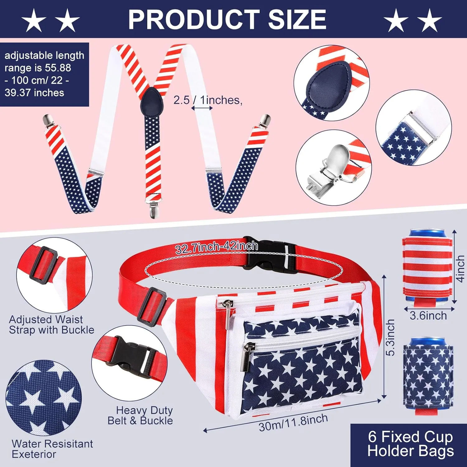 Mepase Men's American 4th of July Outfits Patriotic Fanny Pack Beer Belt USA Flag Pants for July 4th Accessories for Man