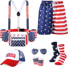 Mepase Men's American 4th of July Outfits Patriotic Fanny Pack Beer Belt USA Flag Pants for July 4th Accessories for Man