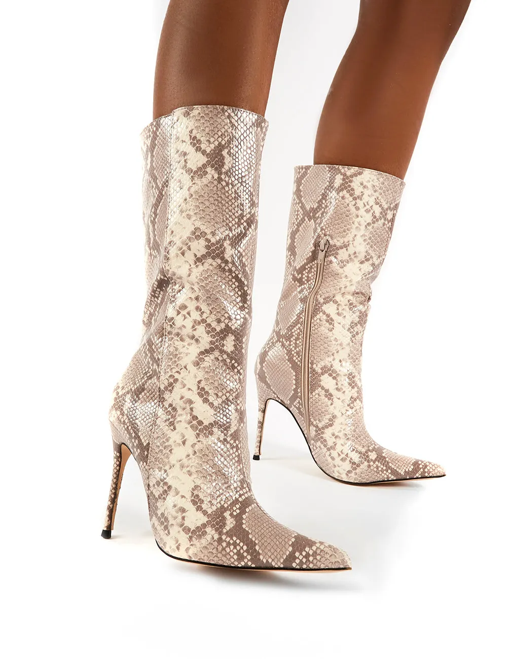 Mystic Beige Snake Knee High Stiletto Heel Boots