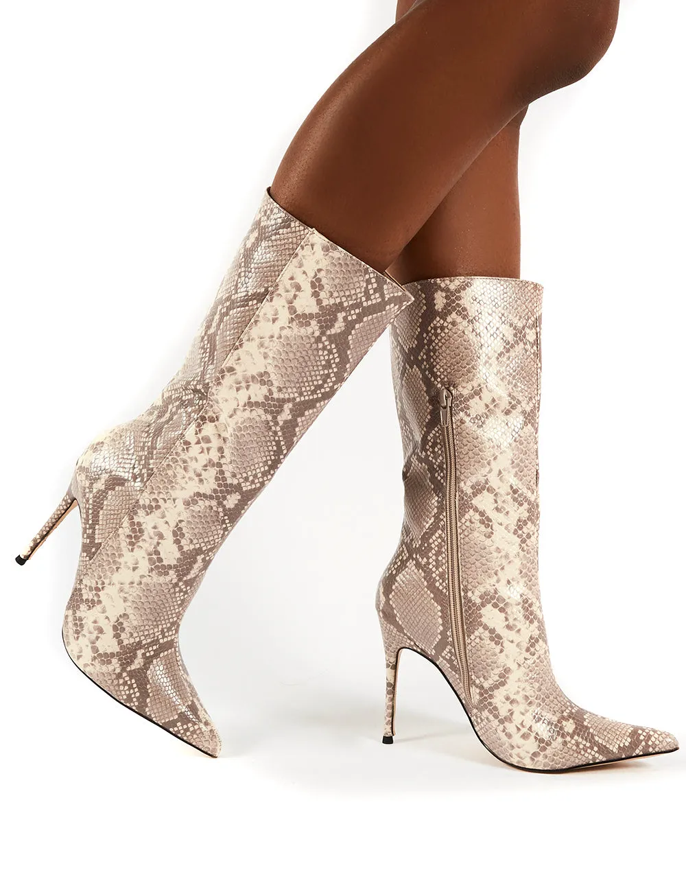 Mystic Beige Snake Knee High Stiletto Heel Boots