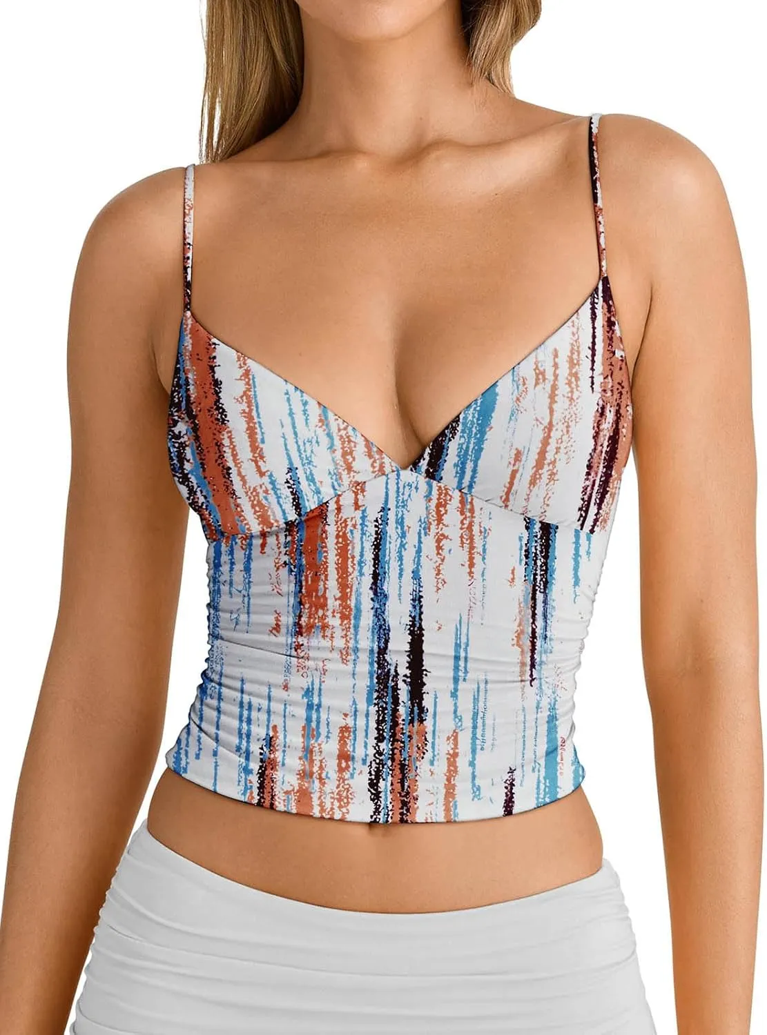 PINKMSTYLE Women's Sexy V Neck Ruched Cami Top Sleeveless Spaghetti Double Layer Fitted Crop Tank Tops
