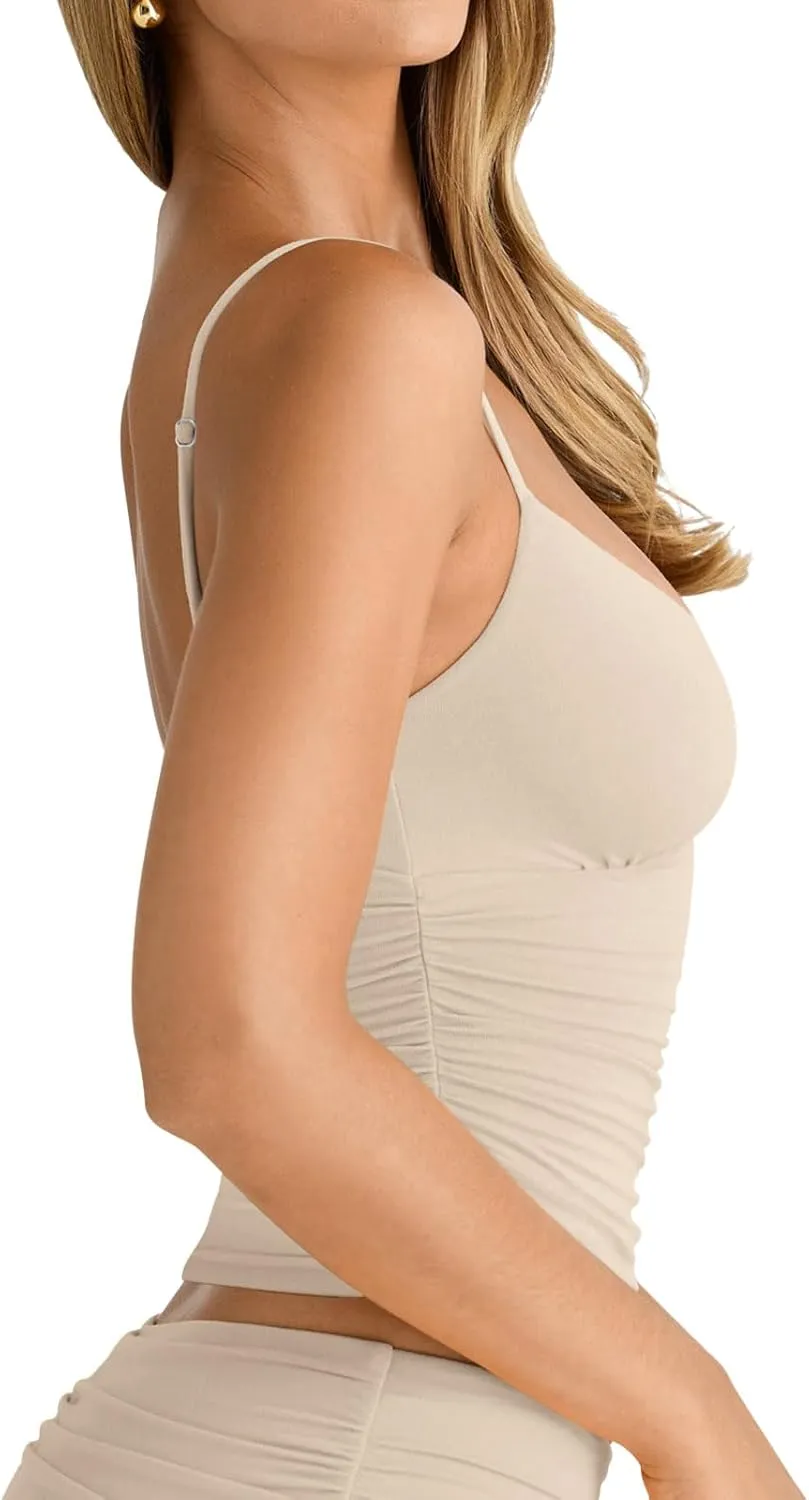 PINKMSTYLE Women's Sexy V Neck Ruched Cami Top Sleeveless Spaghetti Double Layer Fitted Crop Tank Tops