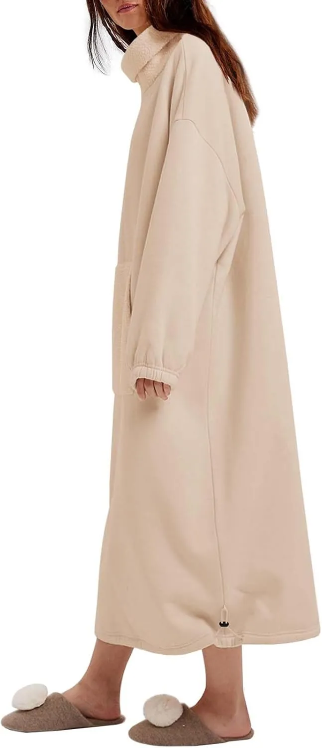 ReachMe Womens Oversized Long Fleece Sweatshirt Dresses Thickening Lounge Maxi Dress Plush Turtleneck Pullover Nightgowns