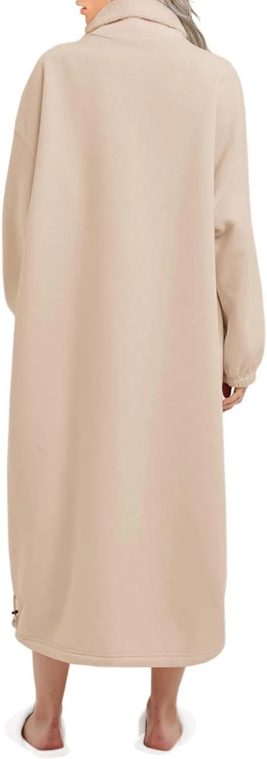 ReachMe Womens Oversized Long Fleece Sweatshirt Dresses Thickening Lounge Maxi Dress Plush Turtleneck Pullover Nightgowns