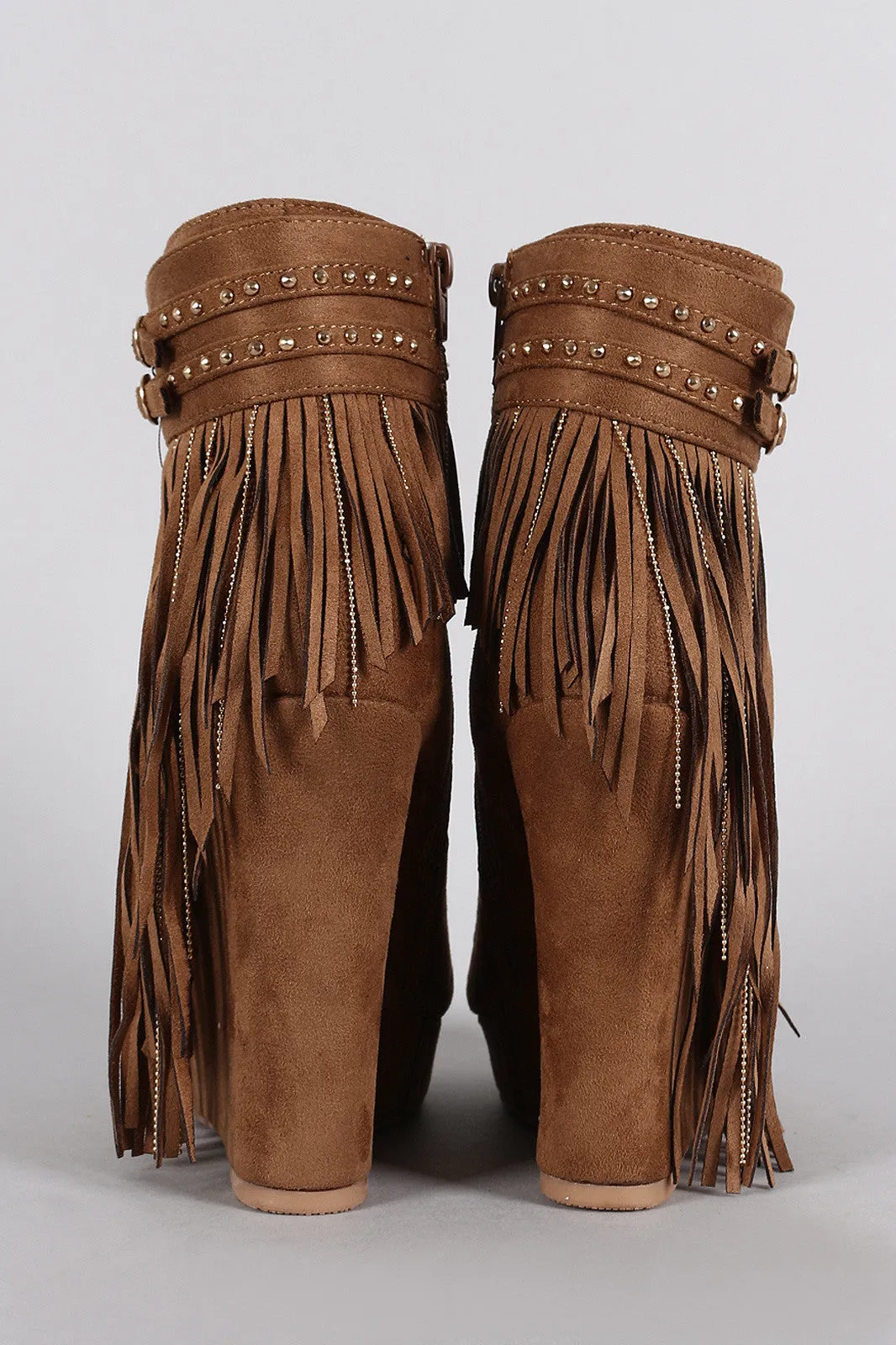 Suede Studded Fringe Round Toe Platform Wedge Booties