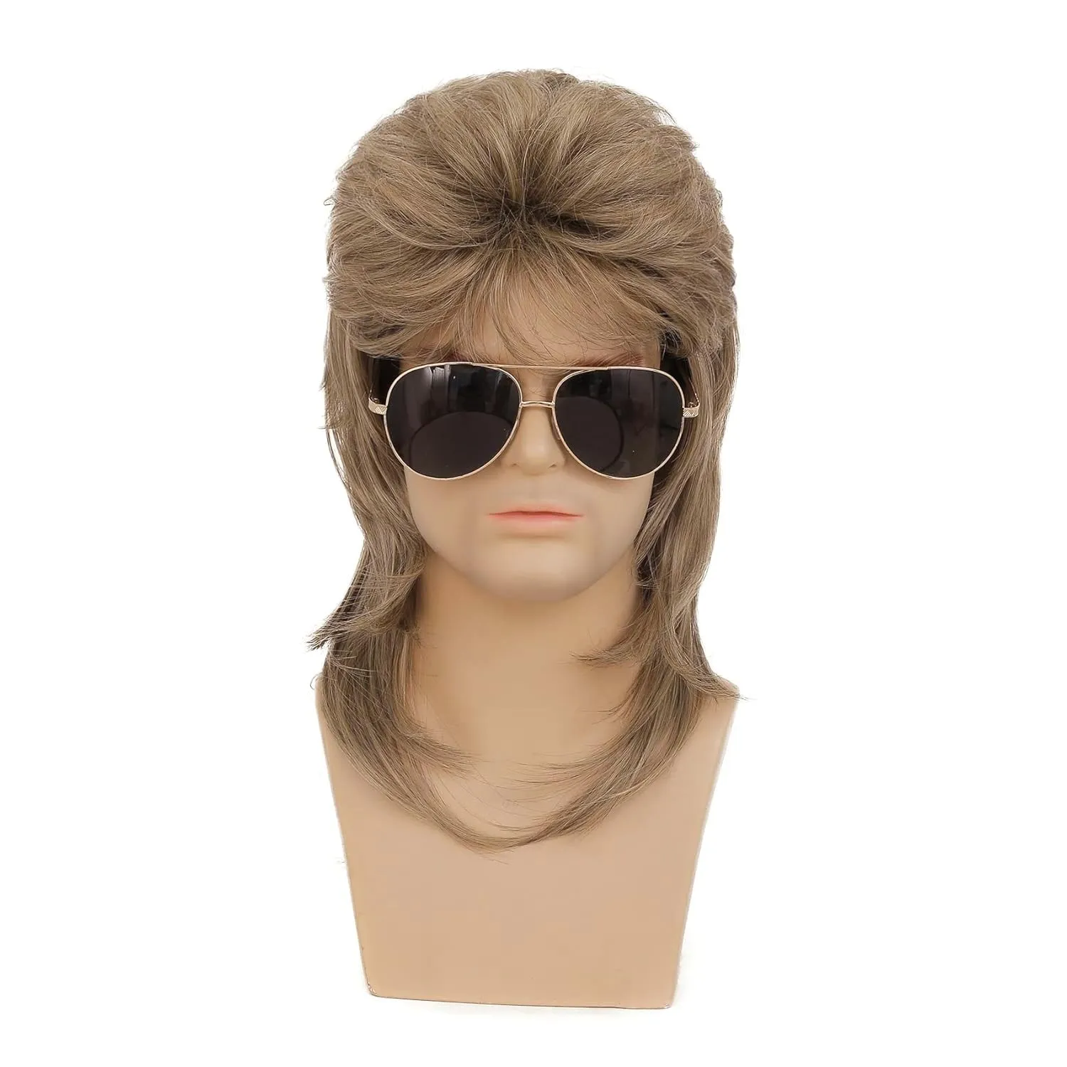 Swiking Mens Mullet Wig Light Brown Retro 70s 80s Disco Rocker Curly Punk Fancy Party Halloween Cosplay Costume Wigs (Light Brown)