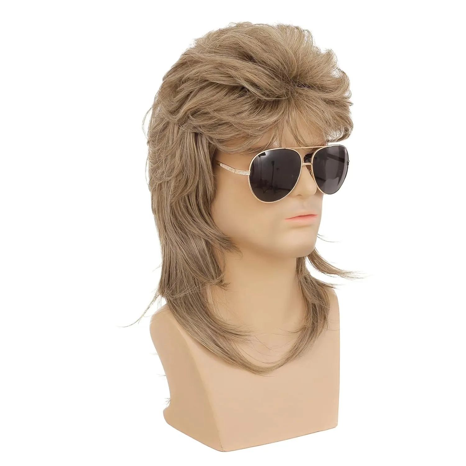 Swiking Mens Mullet Wig Light Brown Retro 70s 80s Disco Rocker Curly Punk Fancy Party Halloween Cosplay Costume Wigs (Light Brown)